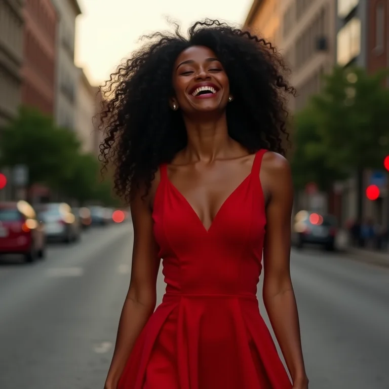 Mulher negra com cabelo cacheado vestindo um vestido vermelho, inspirada no filme 'Uma Linda Mulher'.
