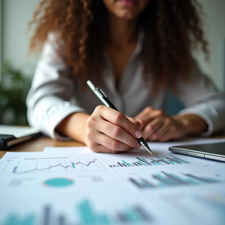 Mulher negra com cabelo crespo segurando uma caneta sobre um gráfico financeiro complexo.