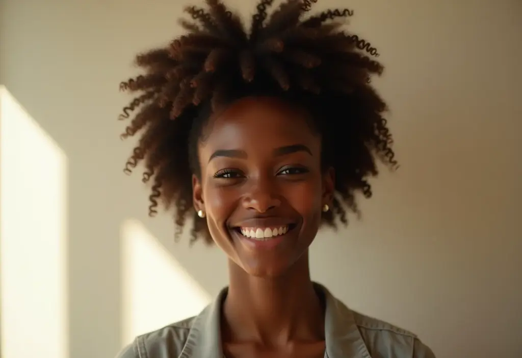 Mulher negra com coque moderno e sorriso radiante