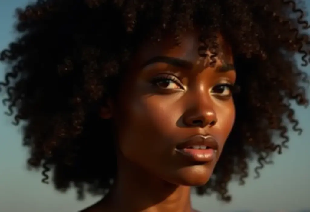 Mulher negra com maquiagem que valoriza os olhos proeminentes