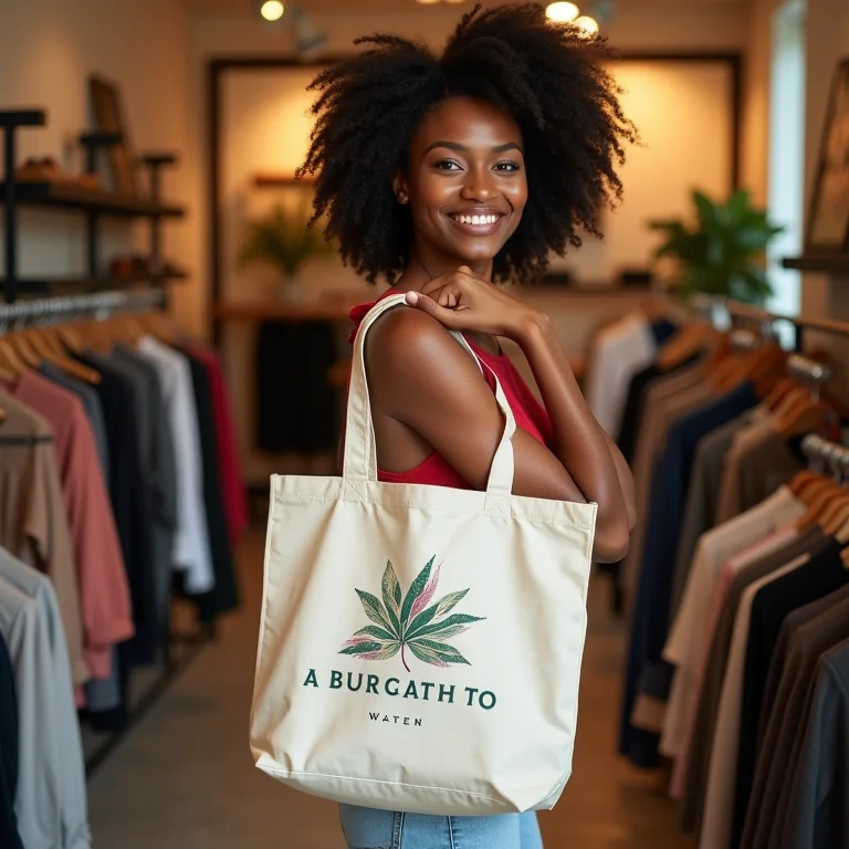 Mulher negra com sacola ecológica personalizada em loja