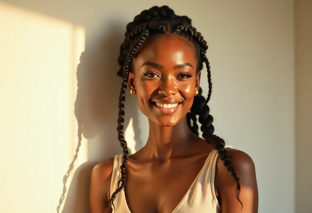 Mulher negra com tranças exibindo beleza e confiança.