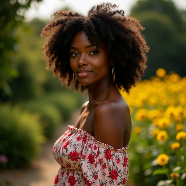 Mulher negra com vestido floral midi em casamento de dia