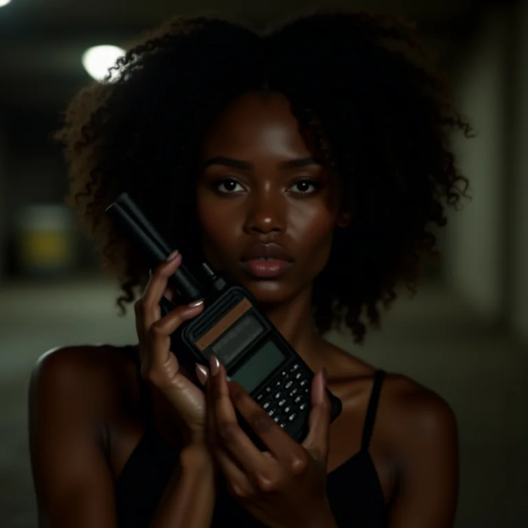 Mulher negra com walkie-talkie em armazém escuro