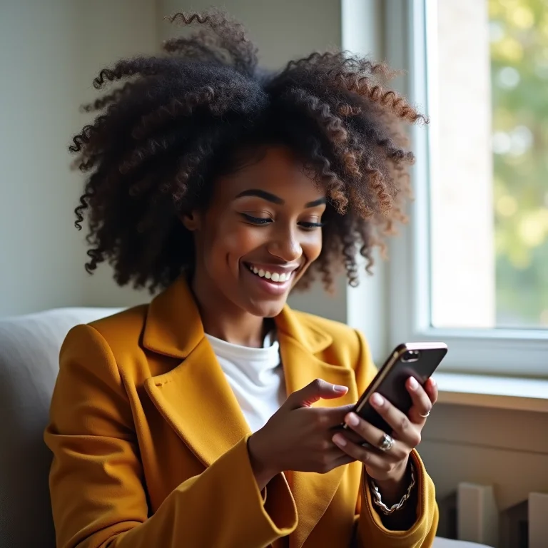Mulher negra comparando preços de transporte por aplicativo.
