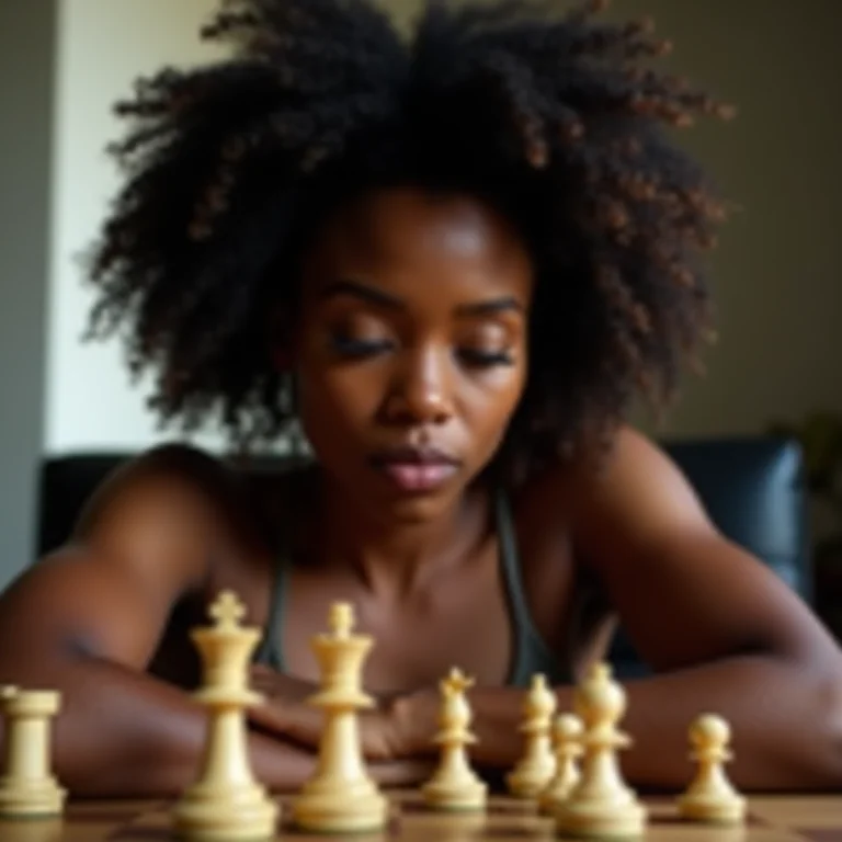 Mulher negra concentrada jogando xadrez, representando estratégia e inteligência.