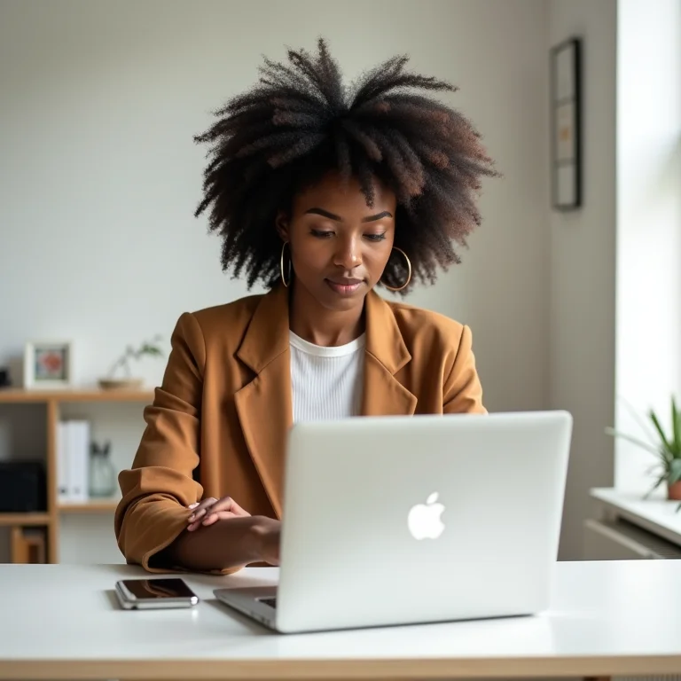 Mulher negra concentrada usando a técnica Pomodoro para foco no trabalho