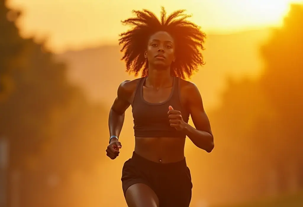 Medicina Esportiva: Descubra como ela turbina sua saúde e performance Mulher negra correndo ao ar livre com foco e determinação.