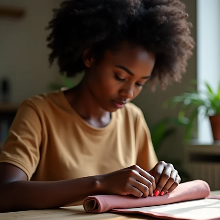 Mulher negra costurando um porta lápis de rolo.