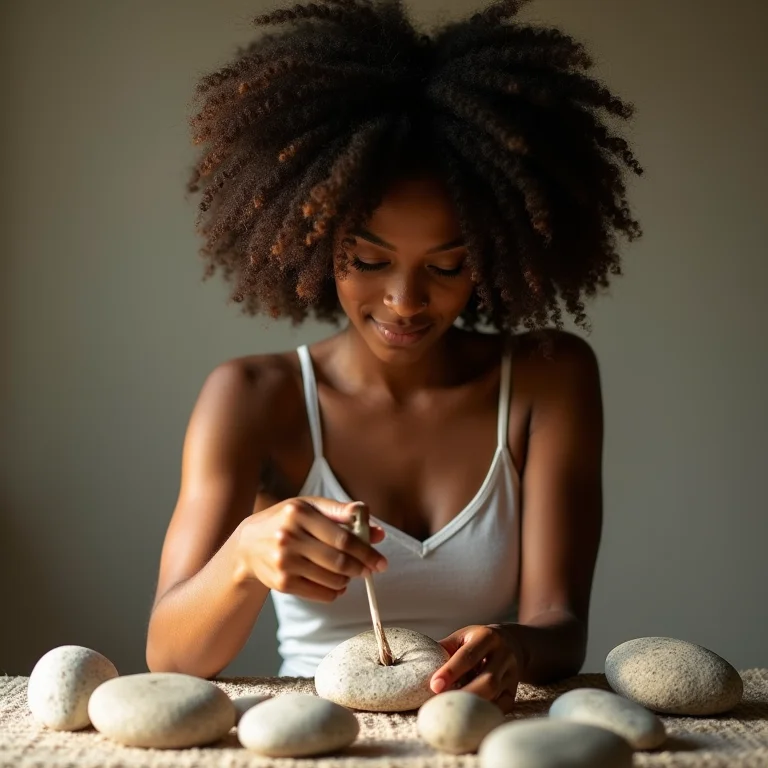Mulher negra criando artesanato com pedras de rio