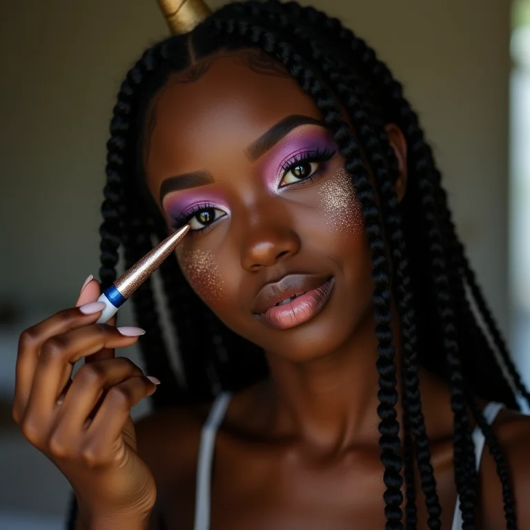 Mulher negra criando maquiagem de unicórnio