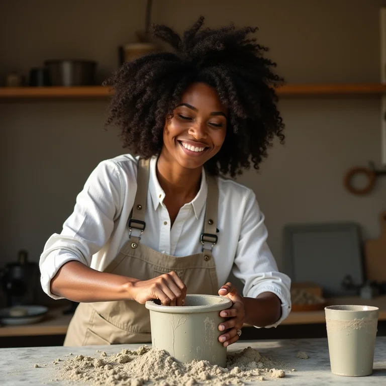Mulher negra criando porta-lápis de cimento