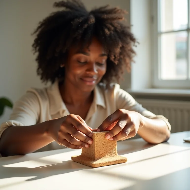 Mulher negra criando suporte de cortiça para tablet
