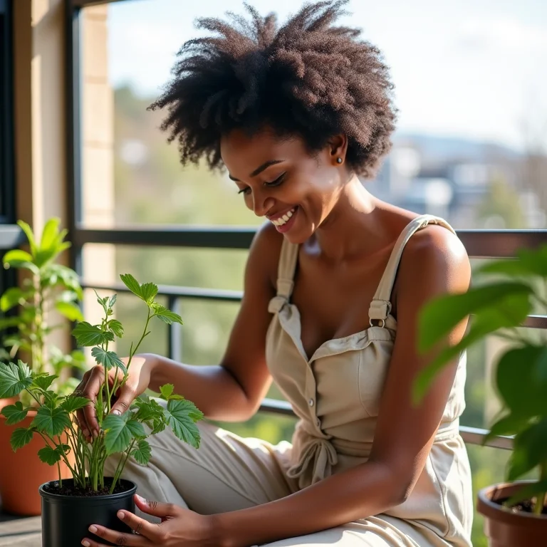 Mulher negra cuidando de planta em vaso autoirrigável