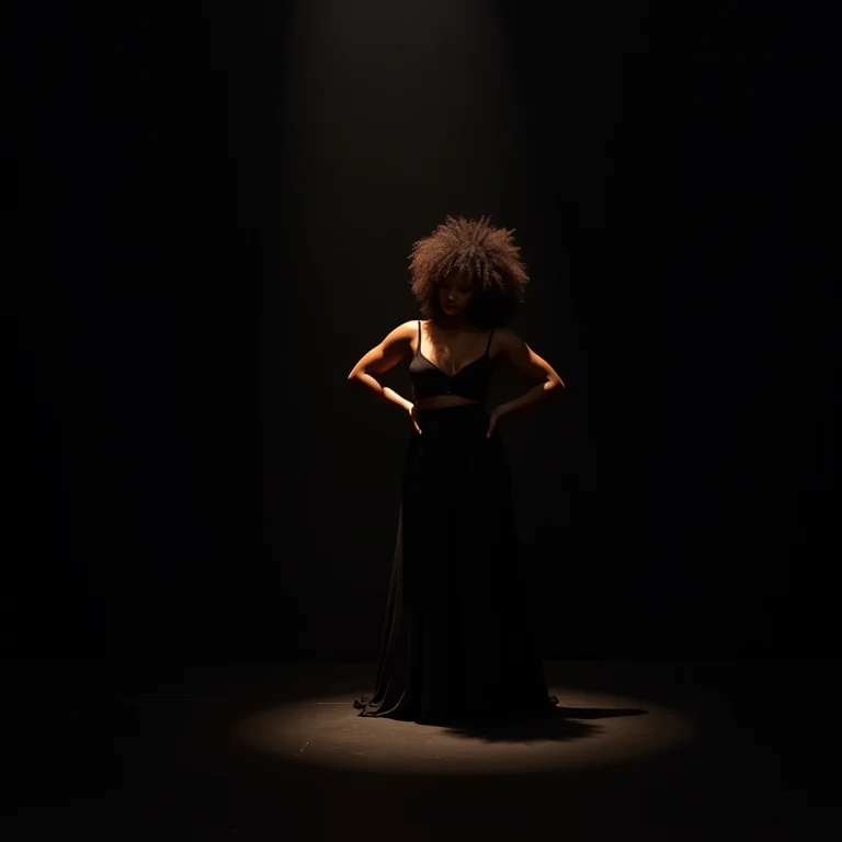 Mulher negra de cabelo cacheado dominando o palco com presença cênica
