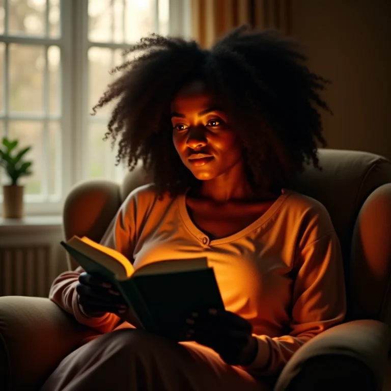 Mulher negra de cabelo cacheado lendo um livro de fantasia