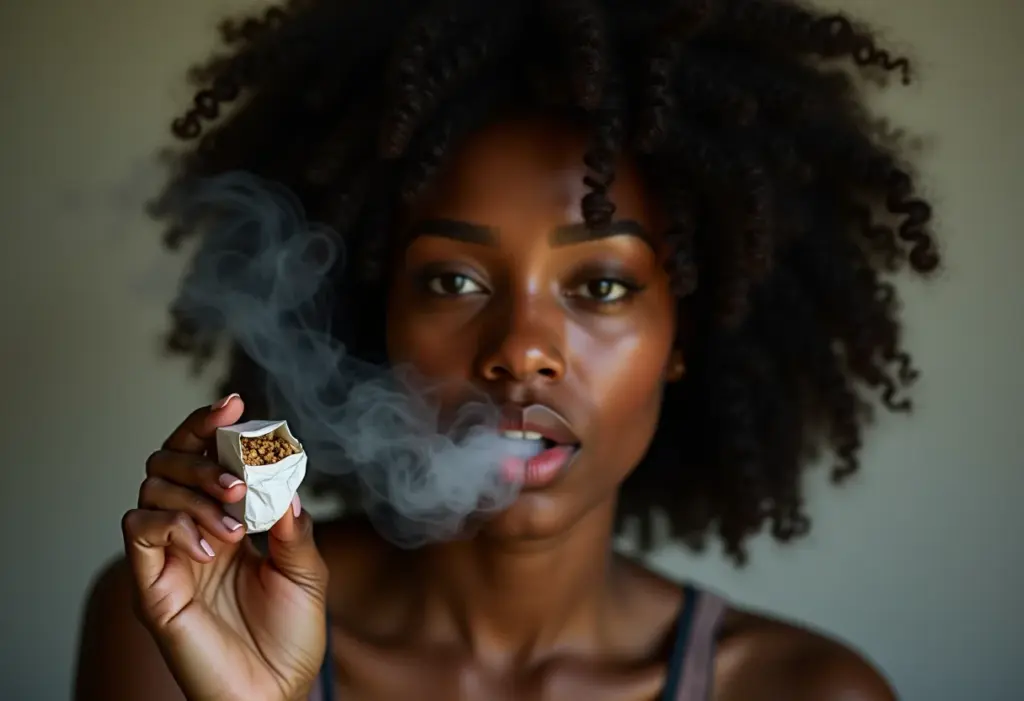Mulher negra decidida a parar de fumar segurando maço de cigarros amassado.