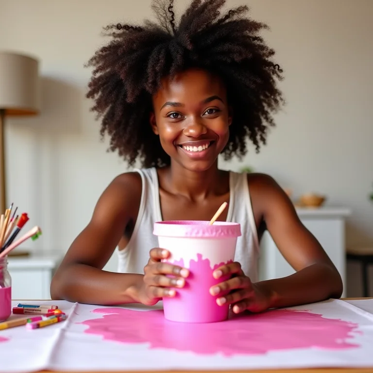 Mulher negra decorando porta-lápis de pote de sorvete