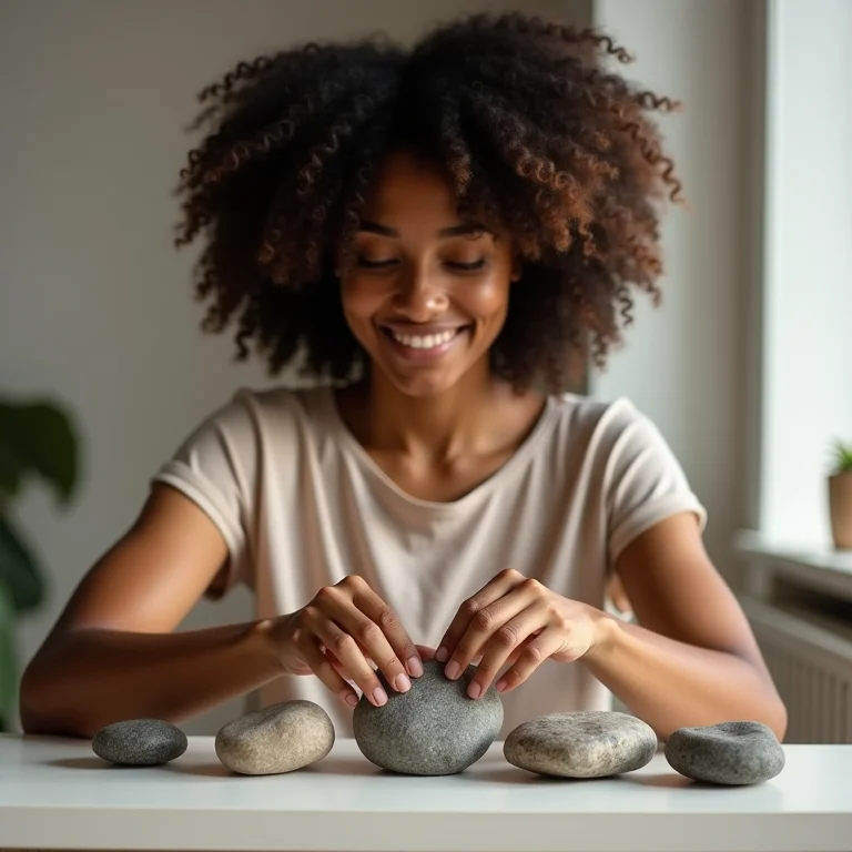 Mulher negra decorando prateleira com pedras de rio.