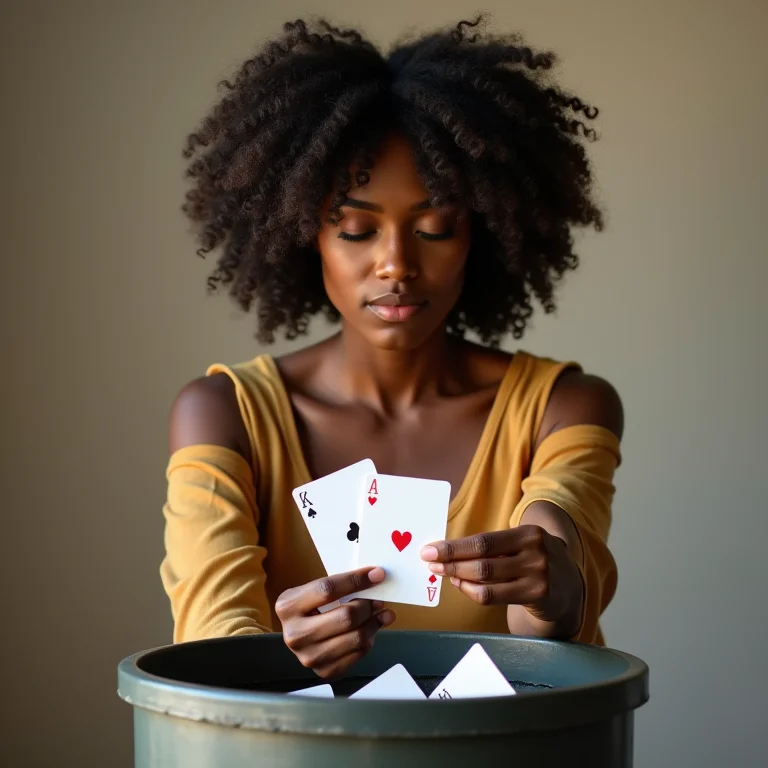 Mulher negra descartando cartas de baralho antigas
