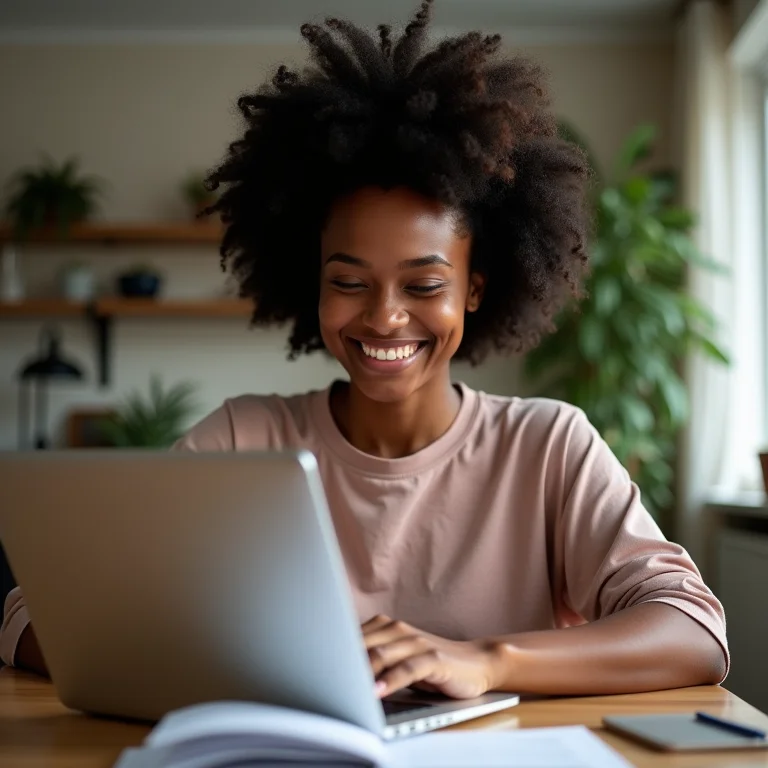 Mulher negra digitando senha forte em laptop