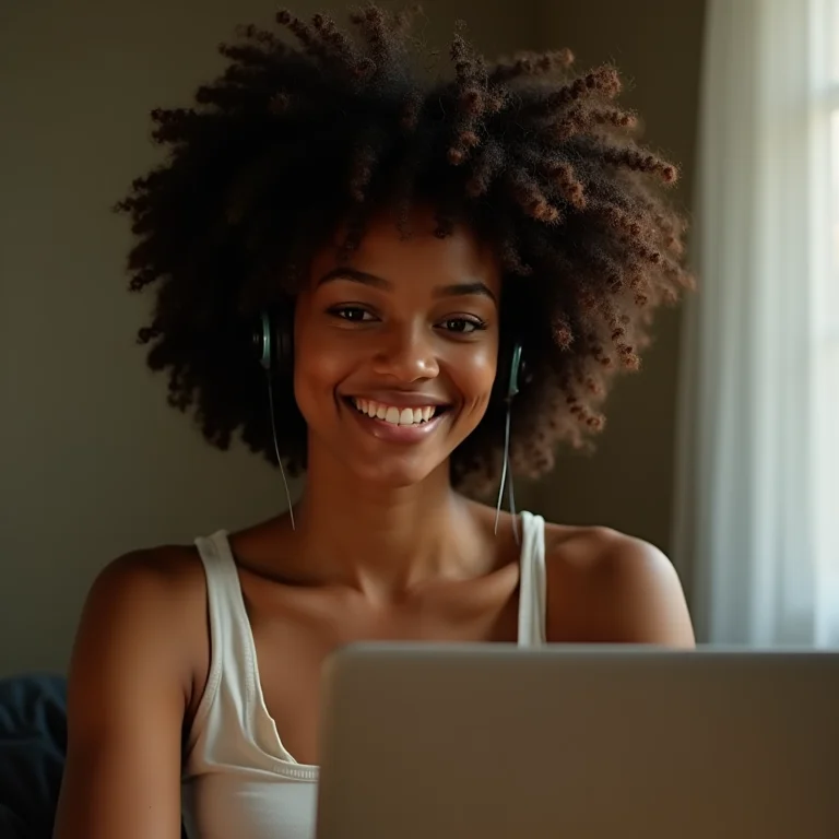 Mulher negra editando áudio no laptop