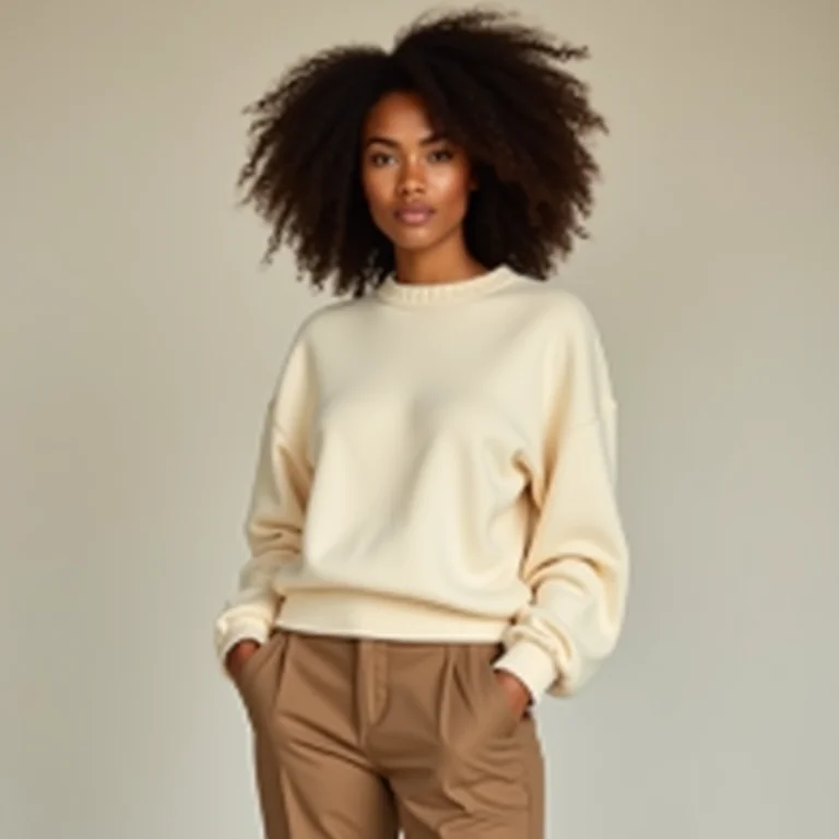 Mulher negra elegante com cabelo cacheado vestindo cashmere e calças de alfaiataria