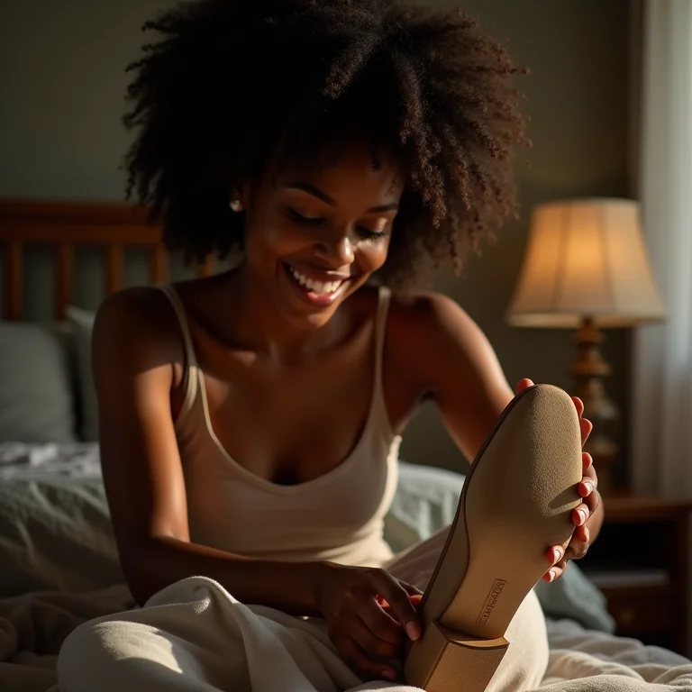 Mulher negra escolhendo calçado seguro.