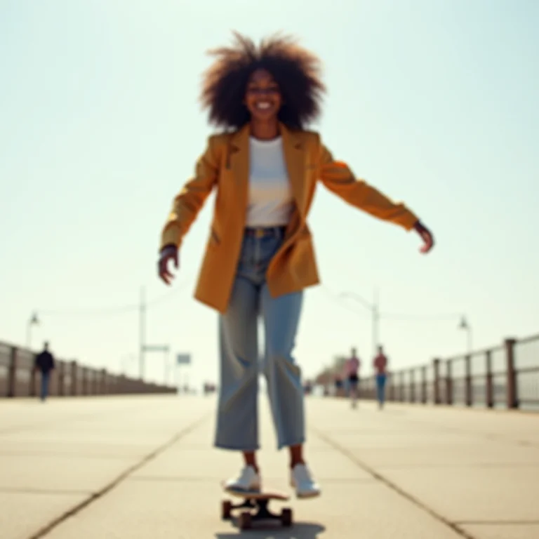 Mulher negra estilosa andando de skate em calçadão ensolarado