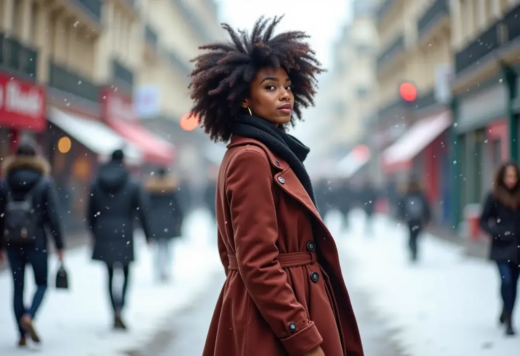 Mulher negra estilosa com saia midi no inverno.