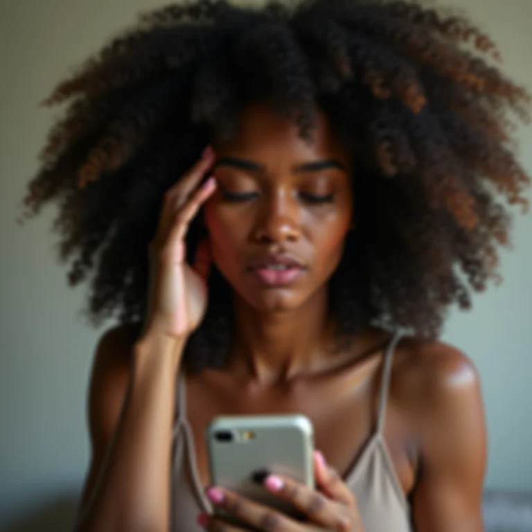 Mulher negra estressada recebendo chamada de spam no celular