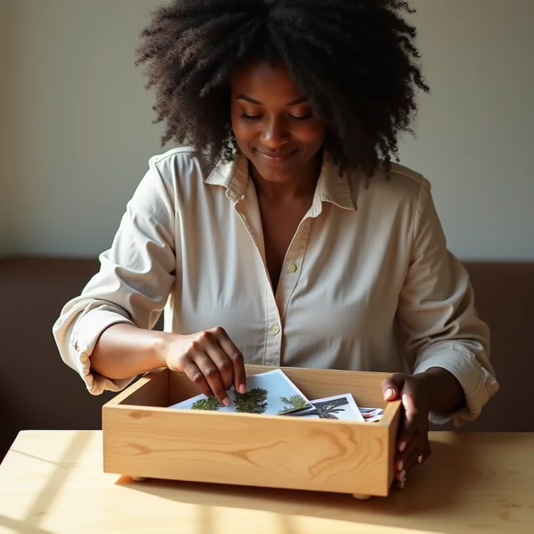 Mulher negra esvaziando gaveta de fotos.