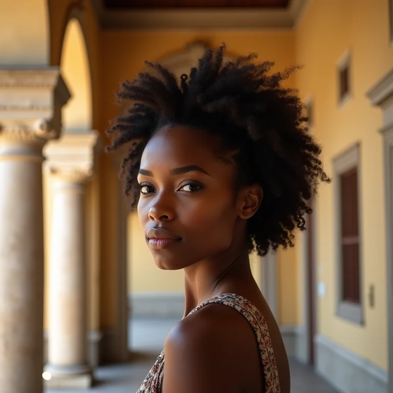 Mulher negra explorando a arquitetura histórica de Petrolina