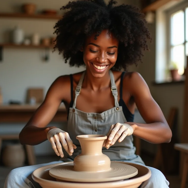 Mulher negra fazendo cerâmica em estúdio