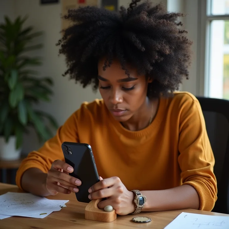 Mulher negra fazendo suporte de celular de isopor