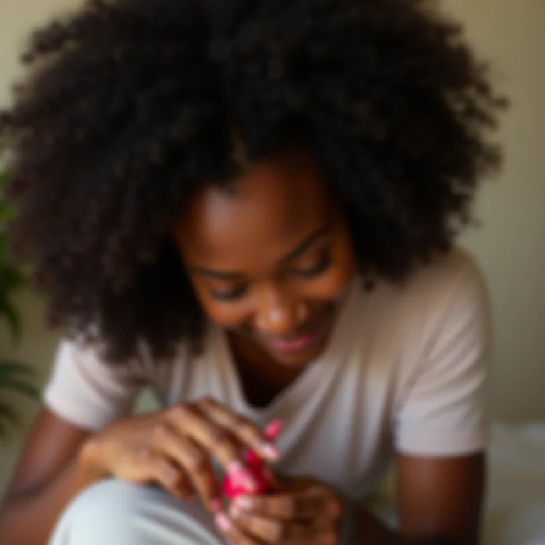 Mulher negra fazendo unhas baby boomer em casa.