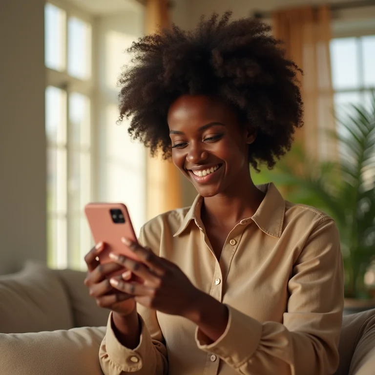 Mulher negra fotografando produto com luz natural.