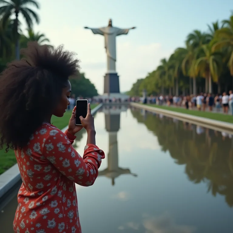 Mulher negra fotografando reflexo do Cristo Redentor