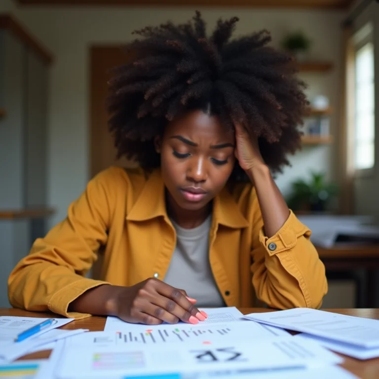 Mulher negra frustrada com planilhas e papéis.