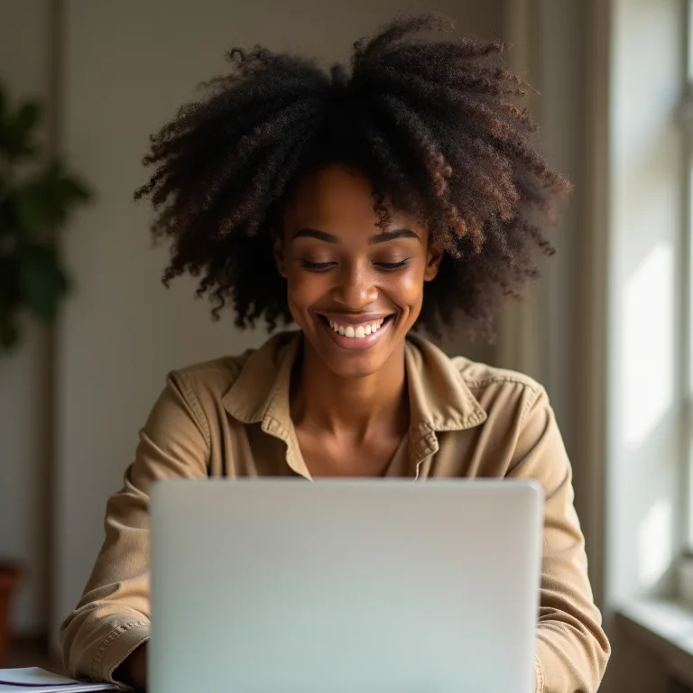 Mulher negra gerenciando finanças em um laptop.
