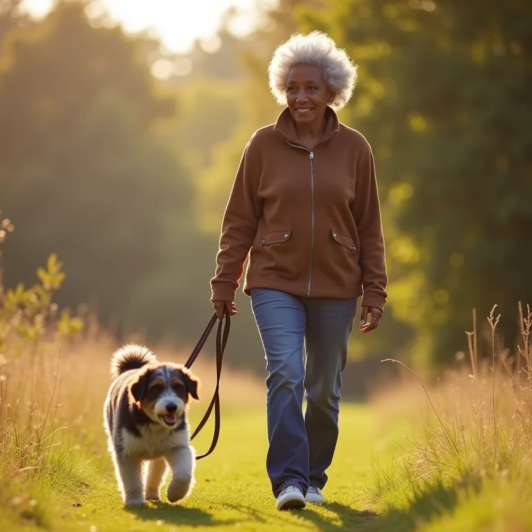 Mulher negra idosa caminhando com cachorro