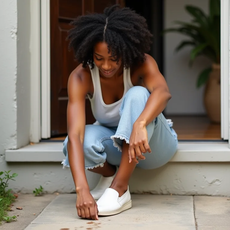 Mulher negra inspecionando mancha em sapato de linho.