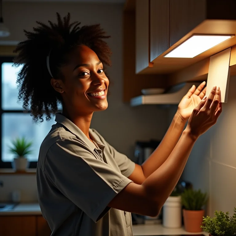Mulher negra instalando iluminação em área de serviço