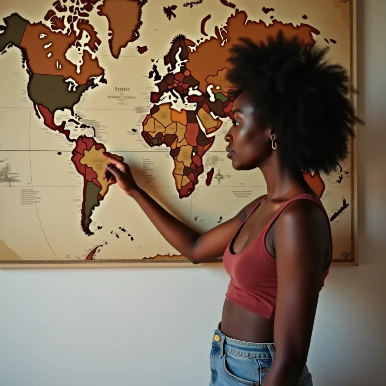 Mulher negra interagindo com mapa histórico