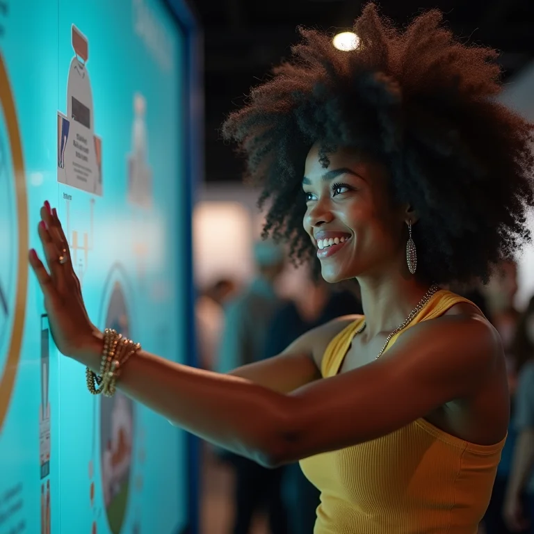 Mulher negra interagindo com uma exposição interativa no Museu Olímpico.