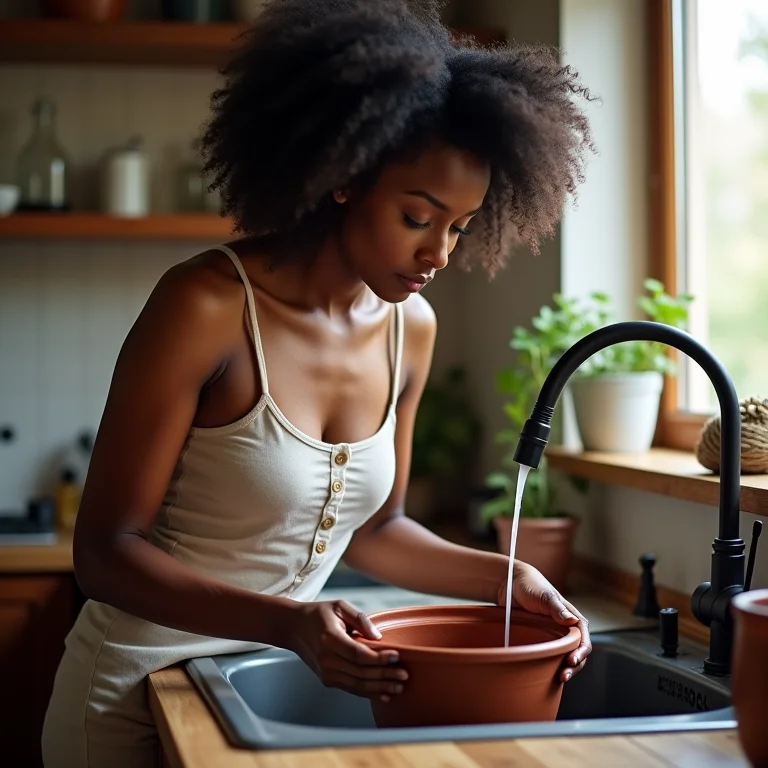 Mulher negra lavando panela de barro com cuidado.