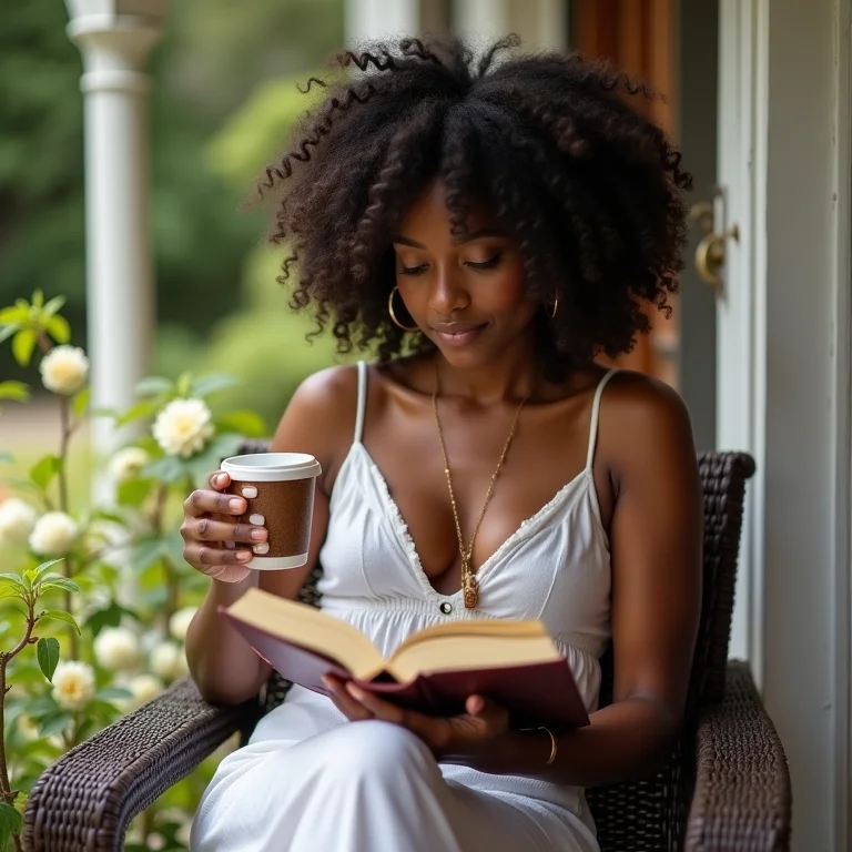 Mulher negra lendo livro de literatura gaúcha em varanda com chimarrão.