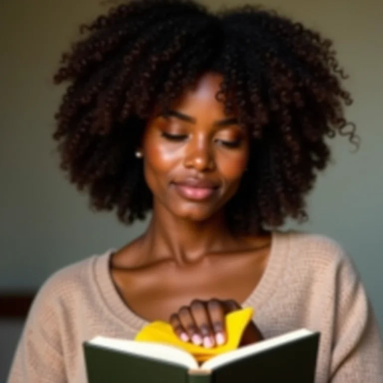 Mulher negra limpando a capa de um livro com um pano de microfibra.