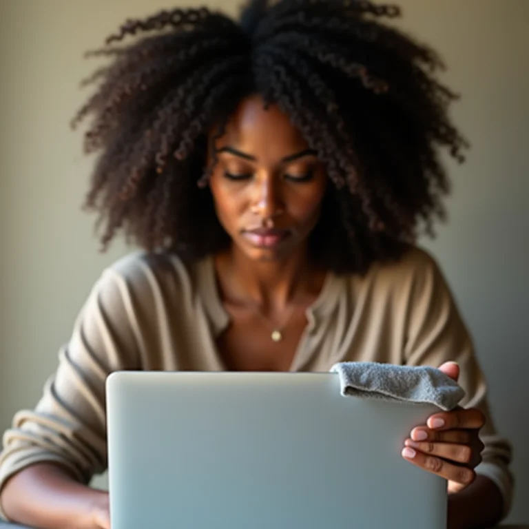 Mulher negra limpando a tela do notebook.
