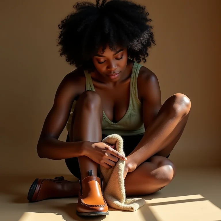 Mulher negra limpando sapato de couro de canguru